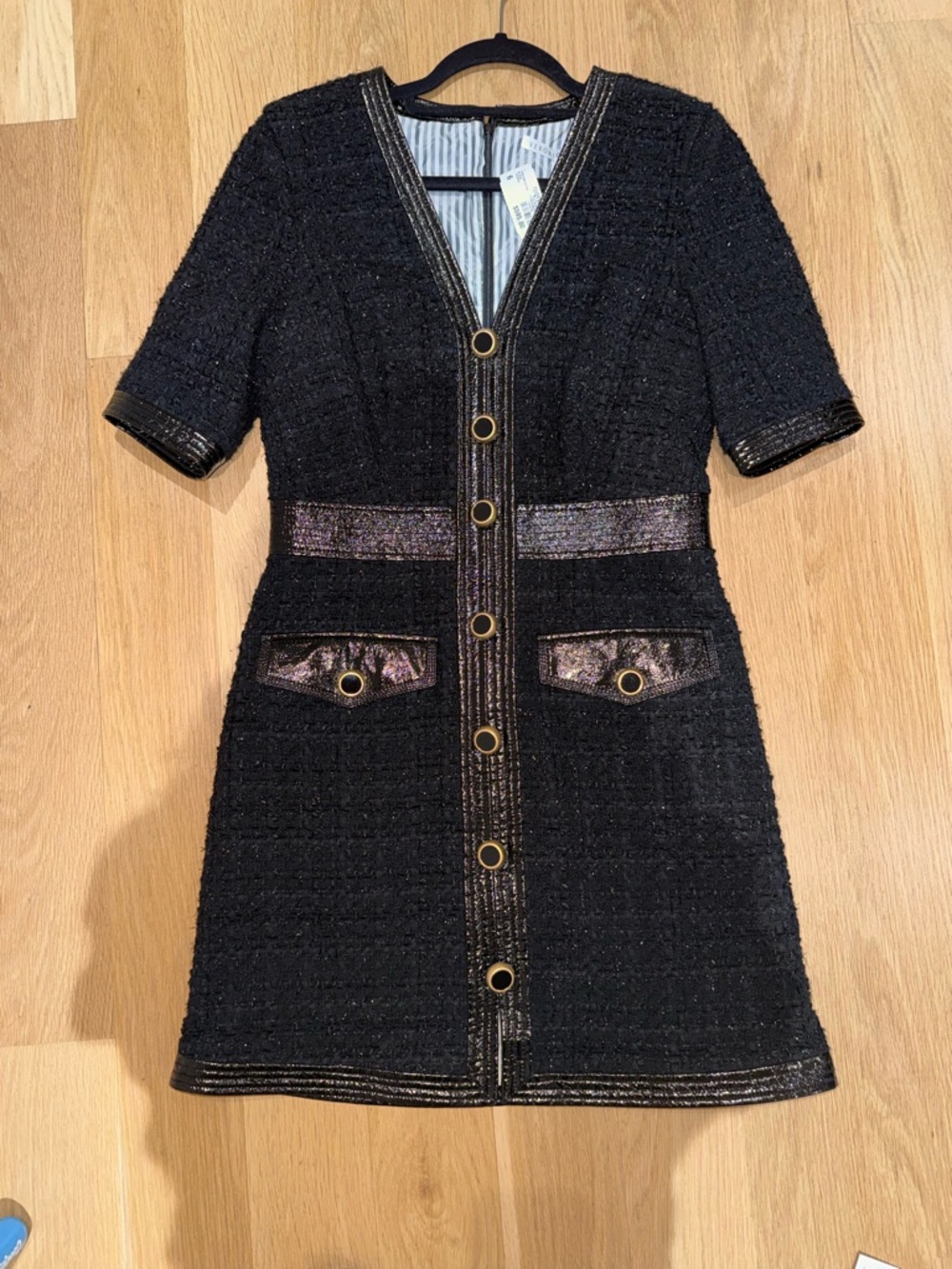 NWT Veronica Beard Black Tweed Mini Dress with Metallic Trim, Size 6